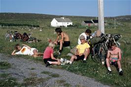 Tea, cakes and postcard-writing at Croft 14, Port Henderson, with Croft 18 behind